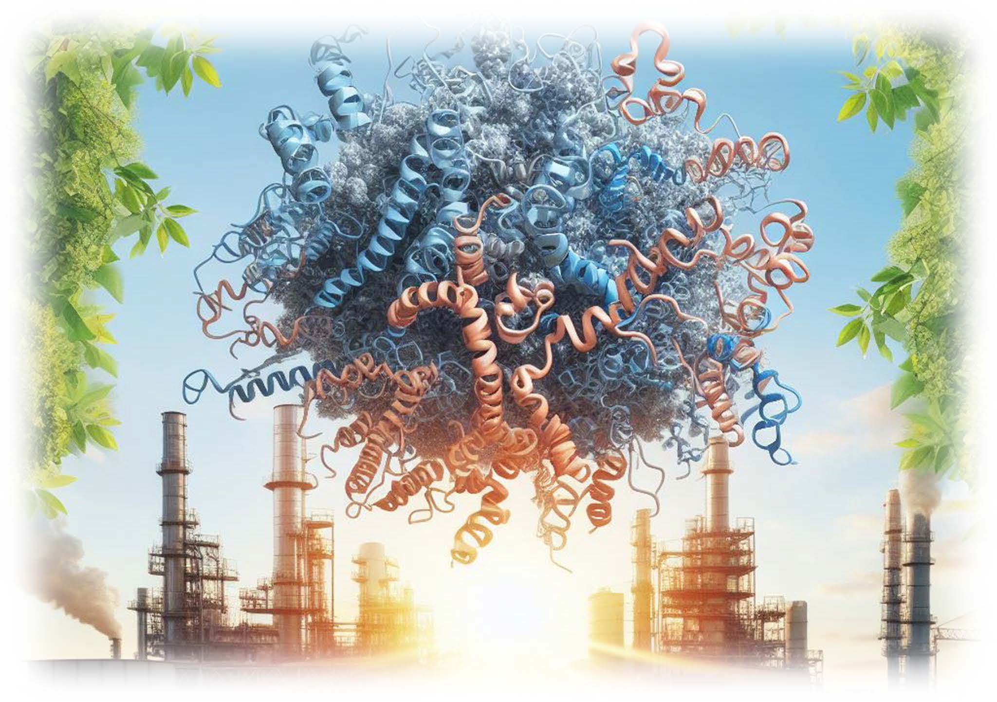 Image of a schematic representation of an enzyme against the background of an industrial building with chimneys and pipes